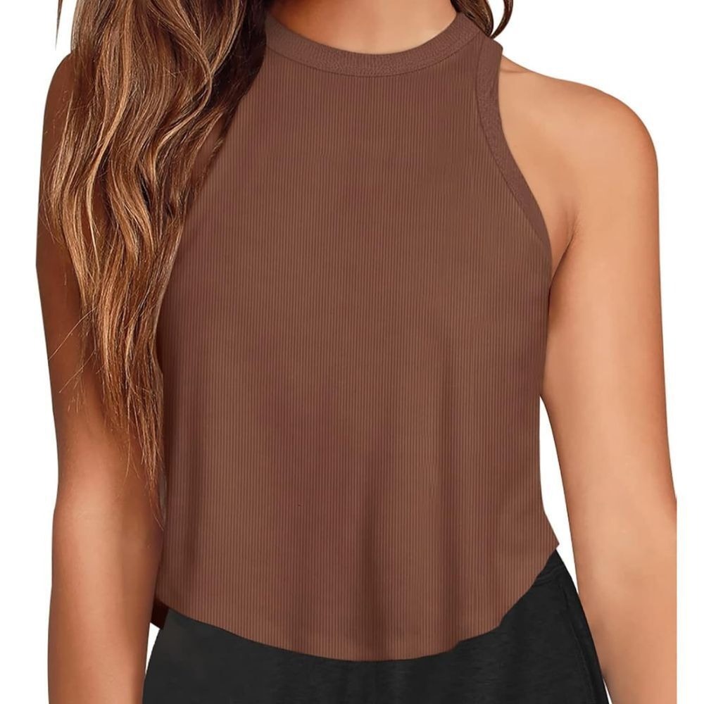 Cropped Ribbed Athletic Tank Top Brown Womens Size Medium‎ Activewear Athleisure